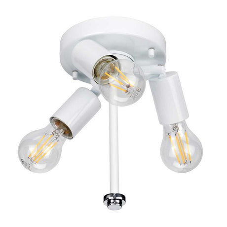 The Fletcher 18" Flush - Polished Chrome with Ivory Shade is ideal for contemporary interiors, showcasing three exposed LED filament bulbs arranged at various angles. The fixture's polished chrome finish and metallic end on the central rod enhance its modern appeal in any space.