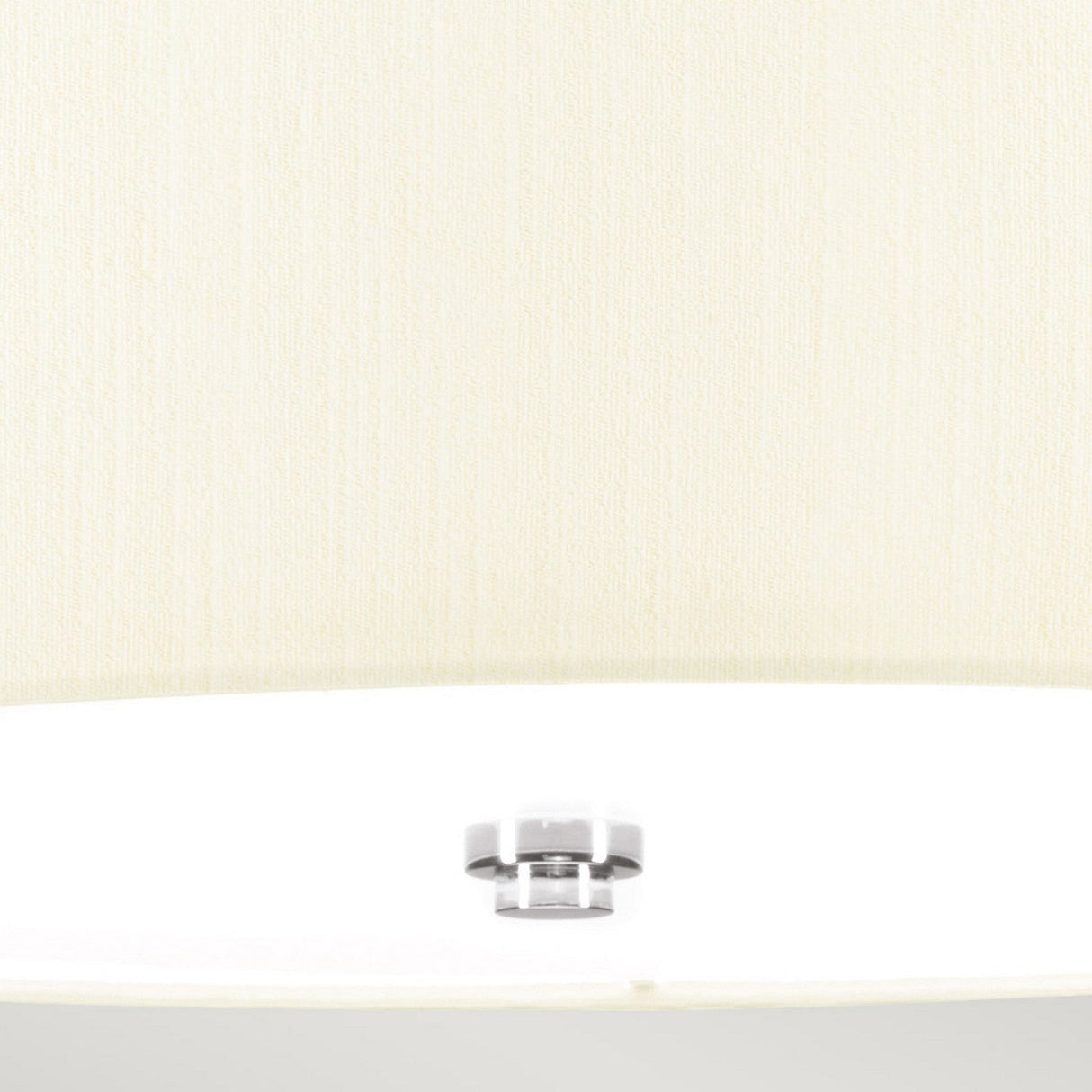 Close-up of the Fletcher 18" Flush Ceiling Fixture featuring an ivory shade and a polished chrome finial at the center. Ideal for contemporary interiors, the texture of the fabric and the reflective surface of the finial are distinctly visible.