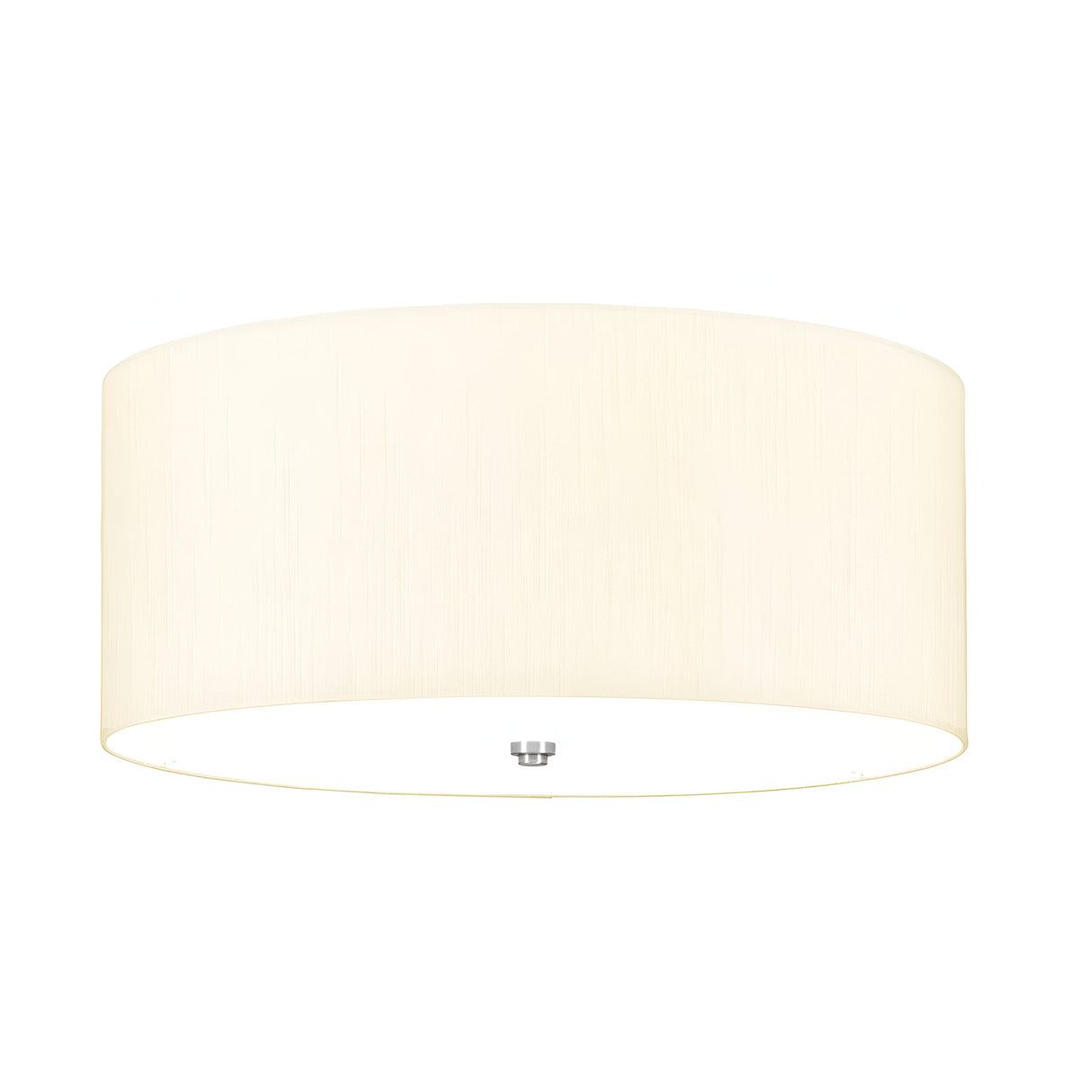 The Fletcher 22" Flush in polished chrome with an ivory shade showcases a minimalist design, highlighted by a large, round fabric shade in soft cream. Accented with a polished chrome cap at the bottom center, it delivers sleek aesthetics and provides warm, diffused ambient light ideal for modern interior settings.