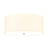 The Fletcher 22" Flush in polished chrome with an ivory shade showcases a minimalist design, highlighted by a large, round fabric shade in soft cream. Accented with a polished chrome cap at the bottom center, it delivers sleek aesthetics and provides warm, diffused ambient light ideal for modern interior settings.