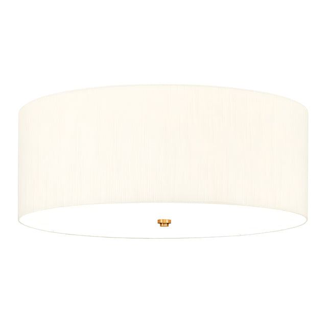 The Fletcher 26" Flush combines a large, circular design with a smooth faux silk ivory shade and a subtle aged brass accent at its center. This minimalist and modern fixture offers a soft ambient glow.