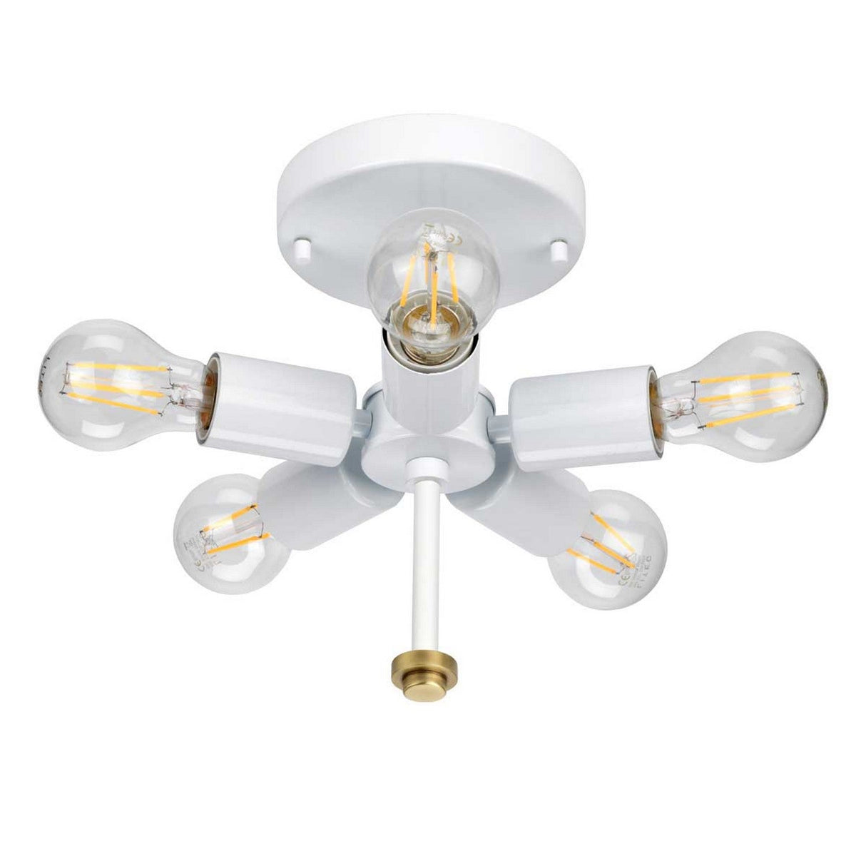 The Fletcher 26" Flush in aged brass with an ivory shade features a sleek design and a modern starburst pattern with five exposed LED bulbs. The fixture's white arms, accented by aged brass at the center, enhance its contemporary elegance.