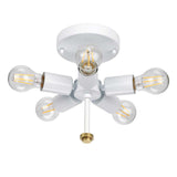 The Fletcher 26" Flush in aged brass with an ivory shade features a sleek design and a modern starburst pattern with five exposed LED bulbs. The fixture's white arms, accented by aged brass at the center, enhance its contemporary elegance.