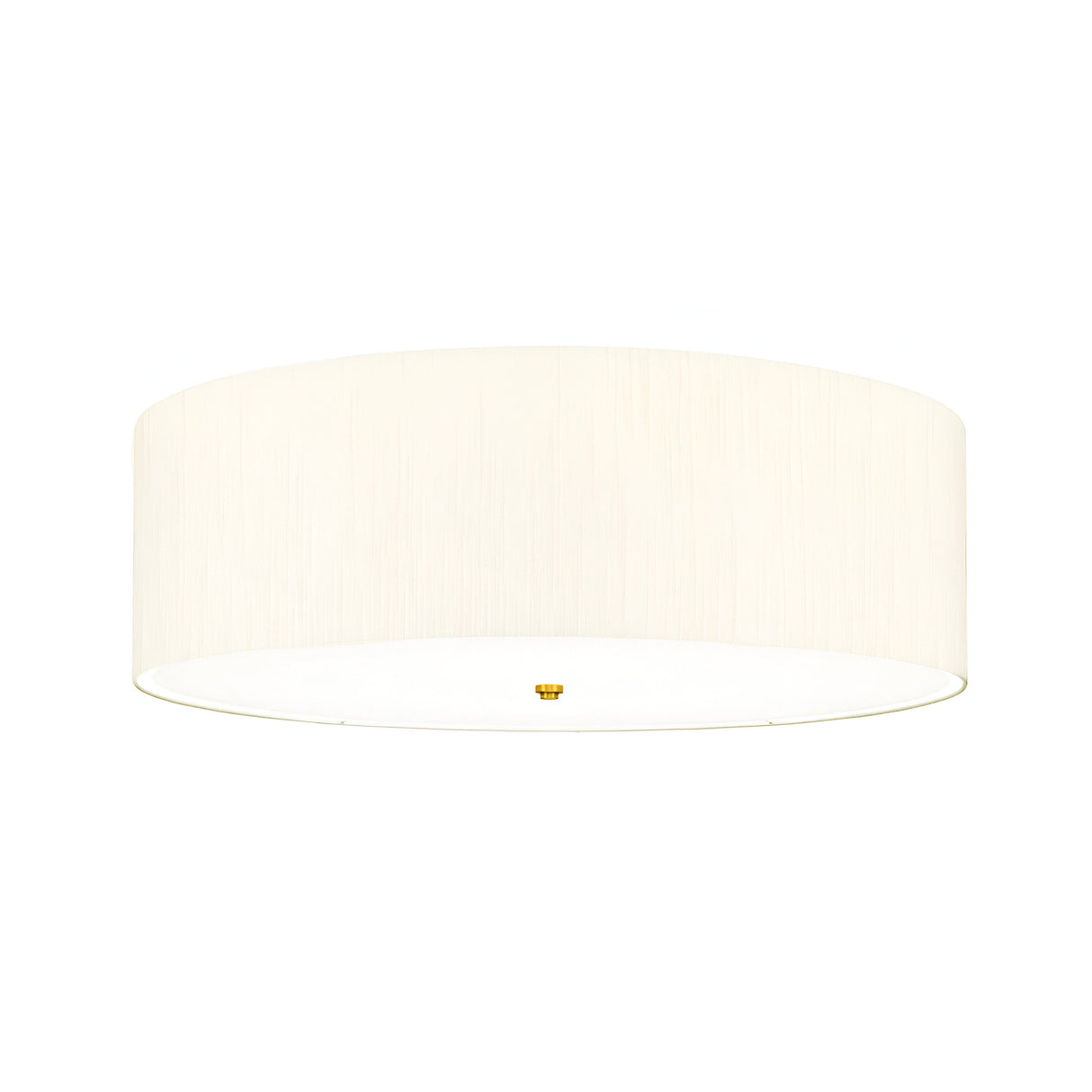 The Fletcher 30" Flush - Aged Brass With Ivory Shade features a sleek, minimalist design that emits a gentle glow. Its expansive, round form incorporates an aged brass element at the center, complementing the ivory shade backdrop. The fixture's soft illumination captures the elegance of a faux silk ivory shade.