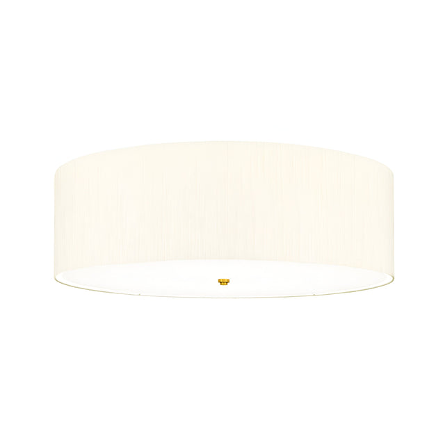 The Fletcher 30" Flush - Aged Brass With Ivory Shade features a sleek, minimalist design that emits a gentle glow. Its expansive, round form incorporates an aged brass element at the center, complementing the ivory shade backdrop. The fixture's soft illumination captures the elegance of a faux silk ivory shade.