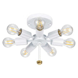 Introducing the Fletcher 30" Flush Ceiling Fixture, featuring a minimalist design with a central hub and six evenly spaced bulbs arranged in a star pattern. The blend of an aged brass finish and an ivory shade adds elegance to this modern lighting piece.