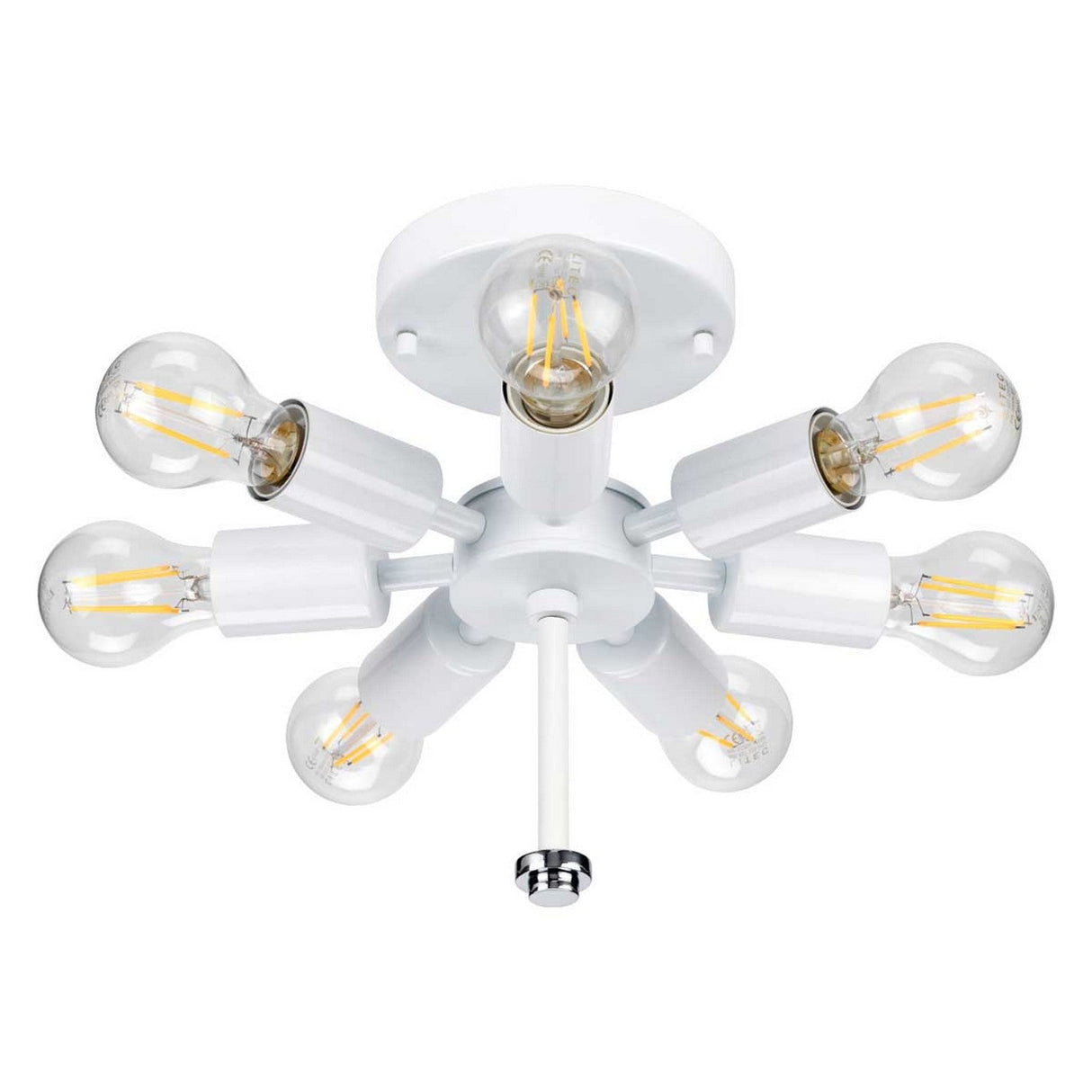The Fletcher 30" Flush features a contemporary polished chrome finish with an ivory shade, showcasing eight exposed bulbs arranged in a circular pattern. Its minimalist design with a central rod is ideal for enhancing modern interior spaces.