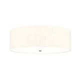 The Fletcher 30" Flush - Polished Chrome With Ivory Shade is a modern, minimalist ceiling fixture with a polished chrome finish and a wide cylindrical ivory shade. A small metal attachment at the bottom enhances its sleek design, while the light is softly diffused through the shade to create an even glow.