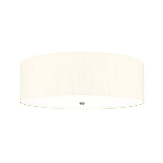 The Fletcher 30" Flush - Polished Chrome With Ivory Shade is a modern, minimalist ceiling fixture with a polished chrome finish and a wide cylindrical ivory shade. A small metal attachment at the bottom enhances its sleek design, while the light is softly diffused through the shade to create an even glow.