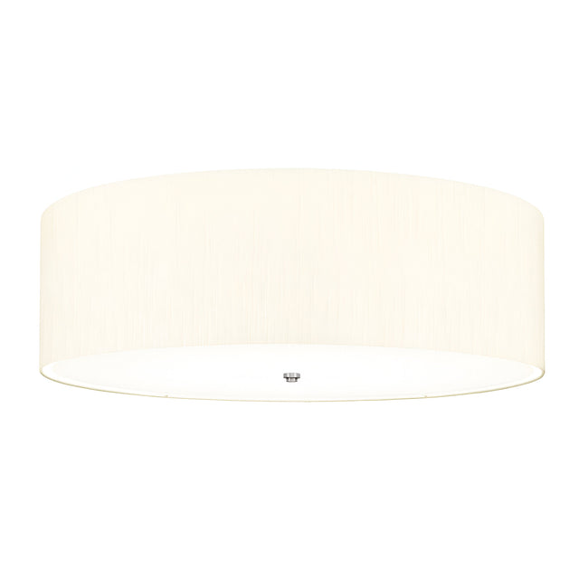 The Fletcher 34" Flush ceiling fixture, featuring a polished chrome finish and an ivory shade, is displayed against a white background. The light is turned off, highlighting its sleek and modern minimalist design.