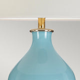 Close-up of the Harbin Gourd Table Lamp With Tall Empire Shade in Duck Egg Blue, showcasing its glossy ceramic base. The base is adorned with a gold-colored ring connecting to the shade, all beautifully set against a neutral light gray background.