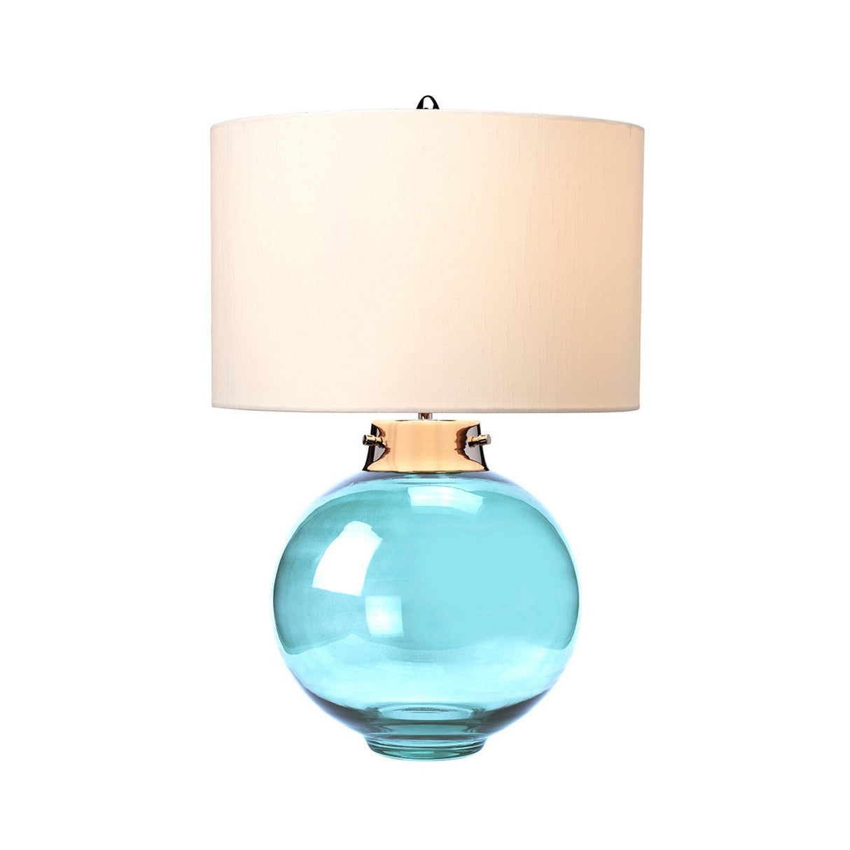 The Kara Table Lamp - Polished Nickel - Blue Glass showcases a polished nickel detail on a sizable round blue glass base, paired with a sleek white cylindrical shade. Placed against a plain white background, its graceful design enhances the sophistication of any room.