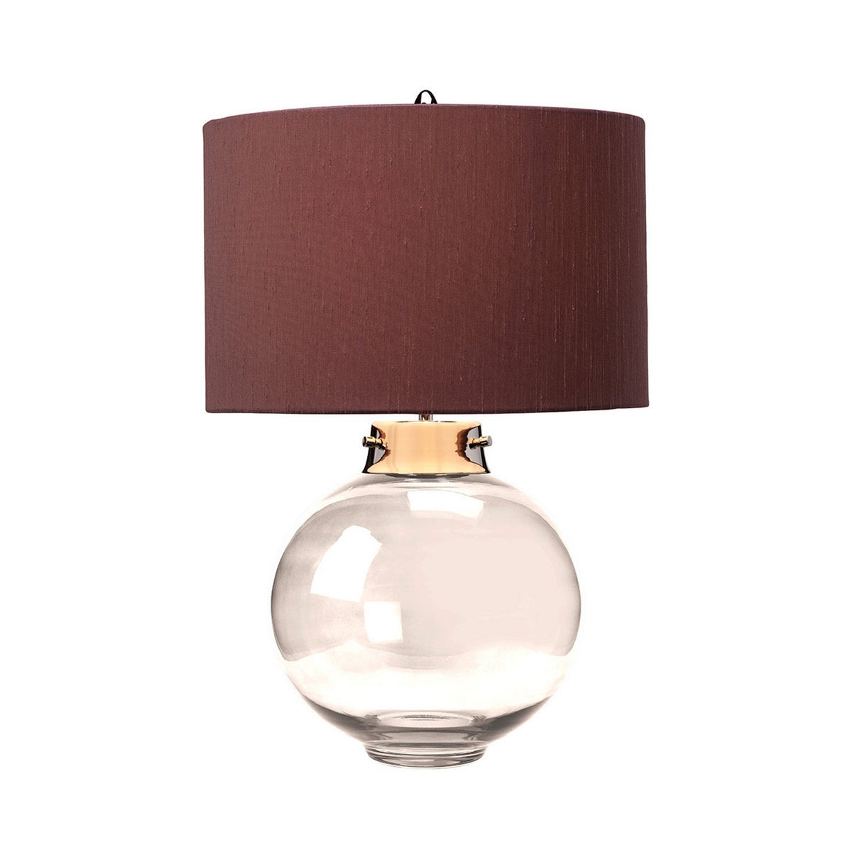 The Kara Table Lamp - Polished Nickel - Smoke Glass showcases an eye-catching smoke glass base complemented by a wide, cylindrical brown lampshade. Its polished nickel accents add to the sleek and modern aesthetic, making it ideal for contemporary interiors.