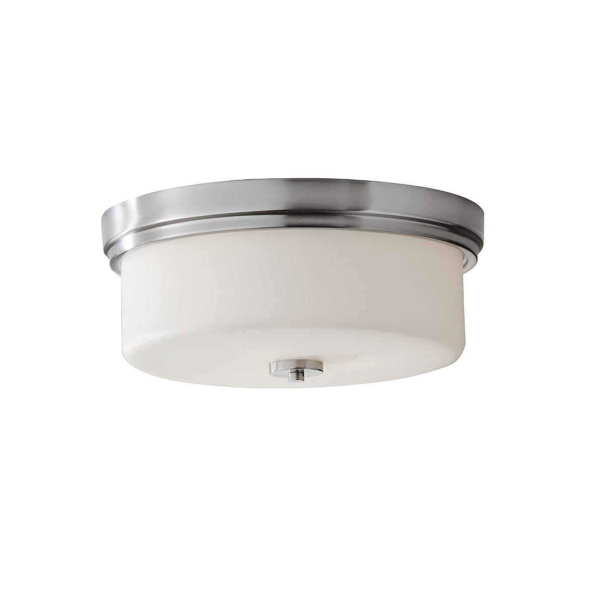 The Kincaid 3 Light Flush in polished chrome is a modern close-to-ceiling light fixture that boasts a round, opal-etched glass shade and sleek trim, making it ideal for any contemporary space.