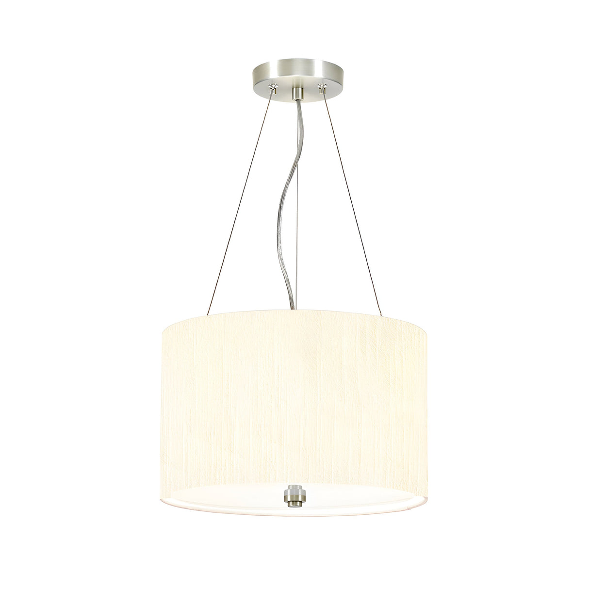 The Pearce 14" Pendant Light in polished chrome showcases a sleek ivory cylindrical shade. Suspended by three thin wires with a central power cord extending from the ceiling mount, it adds an element of sophisticated modernity to any room.