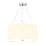 Introducing the Pearce 18" Pendant Light, which beautifully showcases a cylindrical ivory shade coupled with a polished chrome fixture. This design is elegantly suspended by three thin wires with a white cord through the center, making it an exquisite addition to any white background.