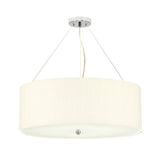 The Pearce 22" Pendant Light in polished chrome and featuring an ivory shade hangs elegantly from a ceiling fixture. It is suspended by three wires and includes a central glass or frosted diffuser at the bottom, making it ideal for contemporary and minimalist interiors.