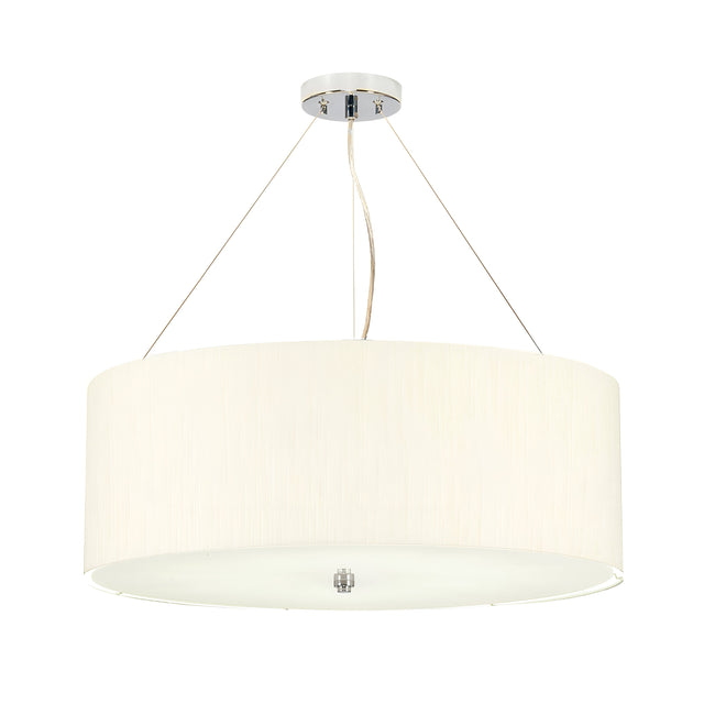 The Pearce 22" Pendant Light in polished chrome and featuring an ivory shade hangs elegantly from a ceiling fixture. It is suspended by three wires and includes a central glass or frosted diffuser at the bottom, making it ideal for contemporary and minimalist interiors.