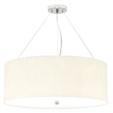 The Pearce 26" Pendant Light features a sleek, polished chrome ceiling mount, complemented by an ivory cylindrical shade. Suspended by three thin wires, this minimalist pendant light is ideal for modern interiors, providing a soft and diffused illumination.