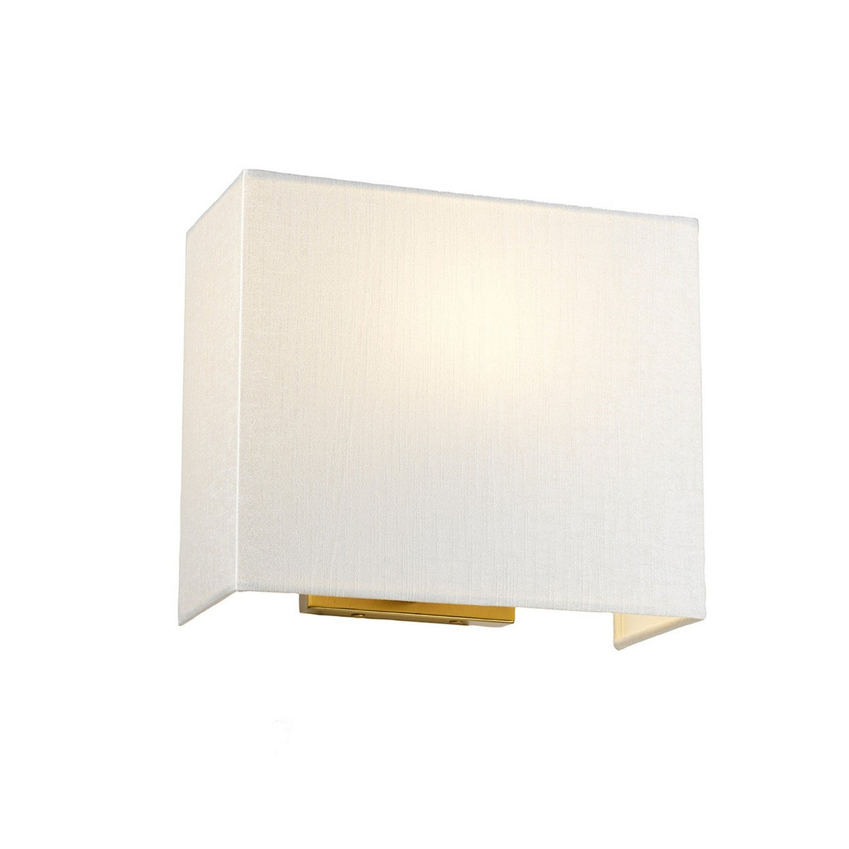 The Riley Medium Rectangular Wall Light in Aged Brass showcases a contemporary aesthetic with its white fabric shade and clean-lined design, making it perfect for modern home or office decor.