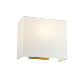 The Riley Medium Rectangular Wall Light in Aged Brass showcases a contemporary aesthetic with its white fabric shade and clean-lined design, making it perfect for modern home or office decor.
