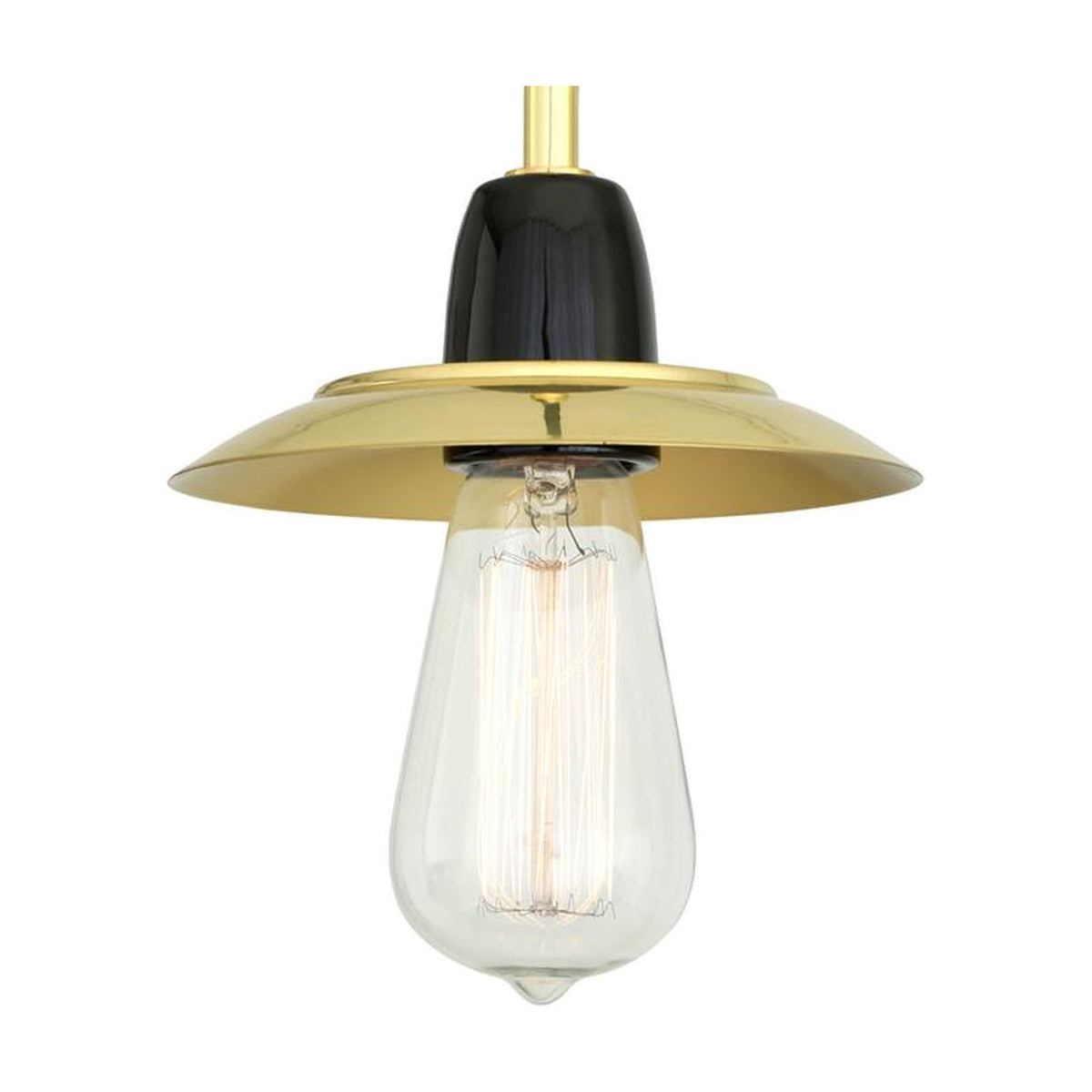 Doon Brass Pendant Light with a shallow, wide-brimmed polished brass shade, black ceramic lampholder, and exposed Edison bulb, shown on a plain white background.