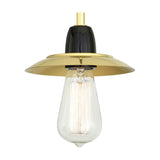 Doon Brass Pendant Light with a shallow, wide-brimmed polished brass shade, black ceramic lampholder, and exposed Edison bulb, shown on a plain white background.