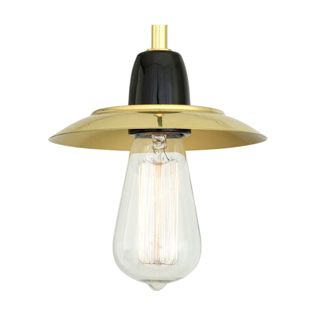 Doon Brass Pendant Light with a shallow, wide-brimmed polished brass shade, black ceramic lampholder, and exposed Edison bulb, shown on a plain white background.
