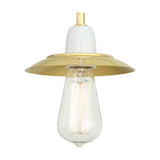 Doon Brass Pendant Light with a shallow, wide-brimmed polished brass shade, white ceramic lampholder, and exposed Edison bulb on a plain white background.