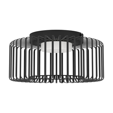 Dosmorne Smart LED ceiling light with black steel slat cage surrounding a white plastic diffuser, flush-mount round design on a plain white background.