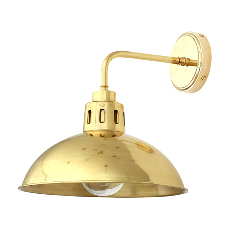 Dovrin Brass Dome Wall Light IP65 with a deep polished brass dome shade, slotted collar, and swan-neck arm on a round wall plate, shown on a white background.