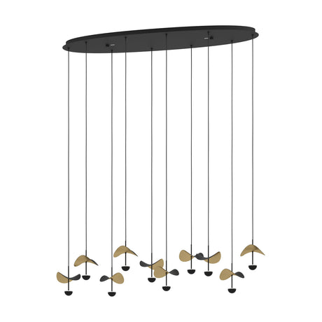 Dracera 10 Light Linear Pendant Light in black, oval steel ceiling canopy with ten cords ending in leaf-shaped black and gold steel shades, shown on a white background.