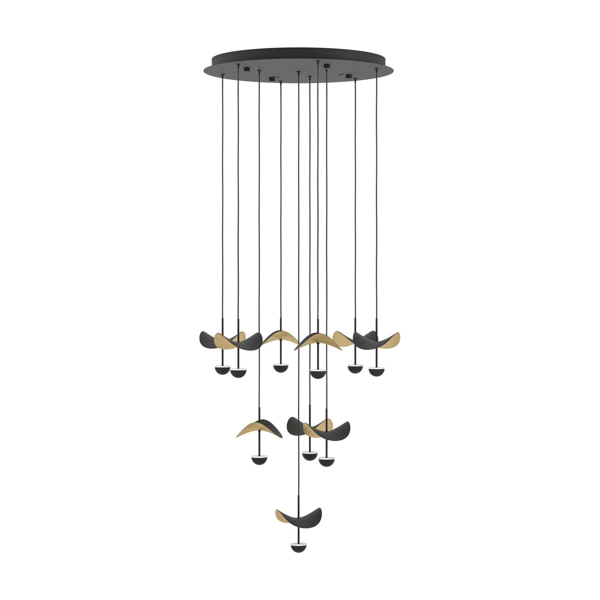 Dracera 10-Light Pendant in black with round steel canopy, ten cords holding curved black and gold leaf-shaped shades over small black dome lights, on white background.