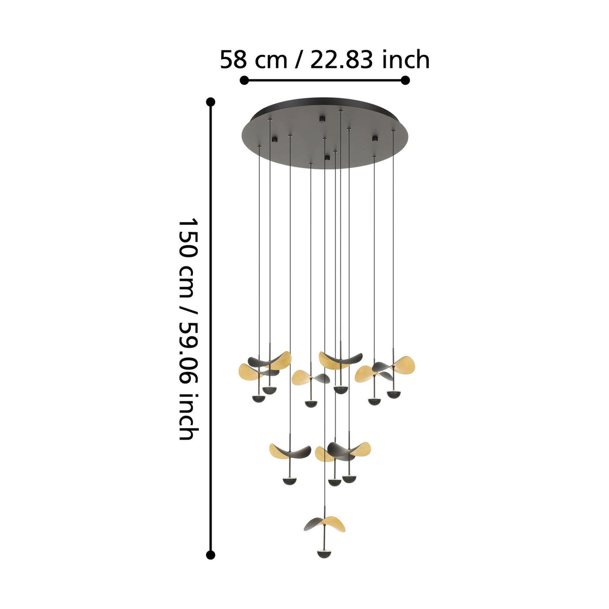 Dracera 10 Light Pendant in black, round ceiling canopy with cascading drops ending in curved black and gold leaf-shaped shades, shown with dimension guide on a white background.