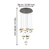 Dracera 10 Light Pendant in black, round ceiling canopy with cascading drops ending in curved black and gold leaf-shaped shades, shown with dimension guide on a white background.