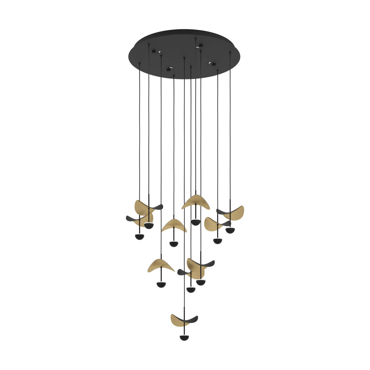 Dracera 10 Light Pendant in black, a round steel ceiling canopy with ten cascading drops holding curved leaf-shaped black and gold shades, shown on a plain white background.