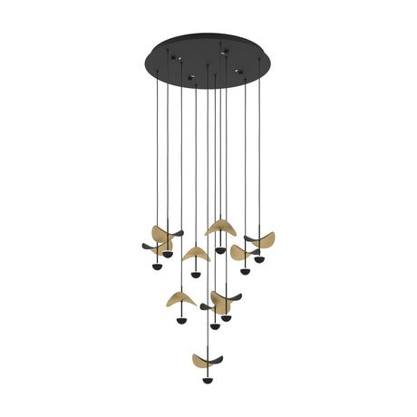 Dracera 10 Light Pendant in black, a round steel ceiling canopy with ten cascading drops holding curved leaf-shaped black and gold shades, shown on a plain white background.