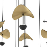 Dracera 17 Light Linear Pendant Light in black steel, close-up of curved leaf-shaped shades in black and gold over small black LED domes on black cords, white background.