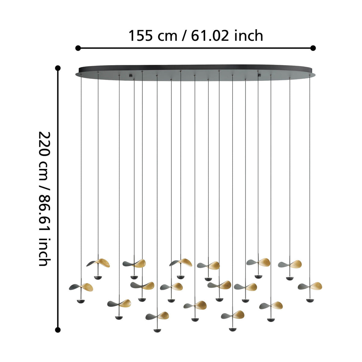 Dracera 17 Light Linear Pendant - black oval canopy with thin cords suspending curved black and gold leaf-shaped steel shades, shown with size diagram 155 x 220cm.
