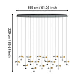 Dracera 17 Light Linear Pendant - black oval canopy with thin cords suspending curved black and gold leaf-shaped steel shades, shown with size diagram 155 x 220cm.