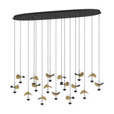 Dracera 17 Light Linear Pendant Light in black steel, oval canopy with seventeen cords holding curved leaf-shaped shades in black and gold, each above a black dome LED, on a white background.