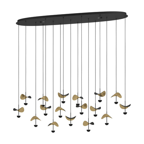 Dracera 17 Light Linear Pendant Light in black steel, oval canopy with seventeen cords holding curved leaf-shaped shades in black and gold, each above a black dome LED, on a white background.