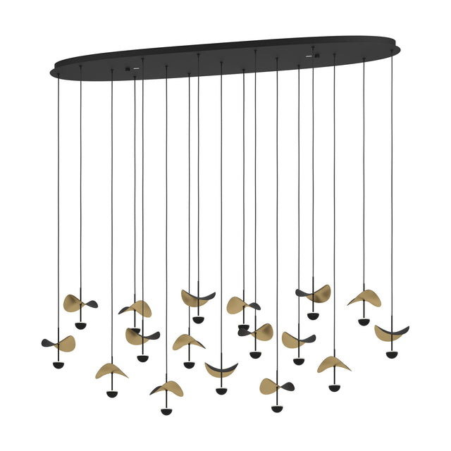 Dracera 17 Light Linear Pendant Light in black steel, oval canopy with seventeen cords holding curved leaf-shaped shades in black and gold, each above a black dome LED, on a white background.