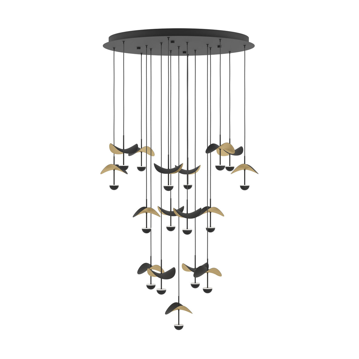 Dracera 17 Light Pendant in black with round steel canopy, seventeen staggered cords, dome heads, and curved leaf-shaped shades in gold and black, on a white background.