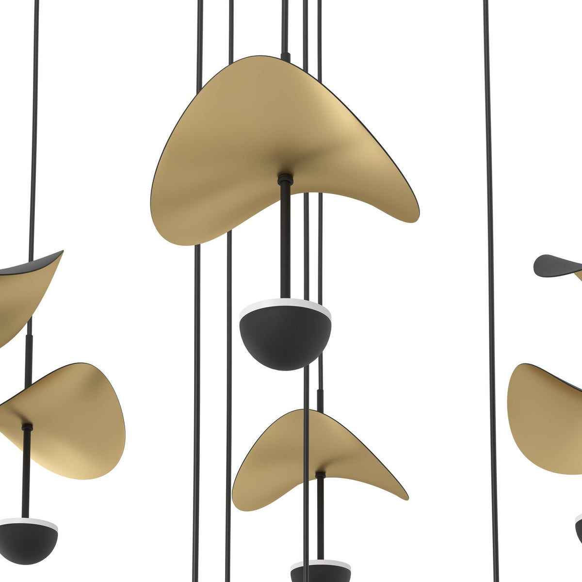 Dracera 17 Light Pendant in black with cascading cords and curved leaf-shaped steel shades, gold on one side, black on the other, staggered at varying lengths.