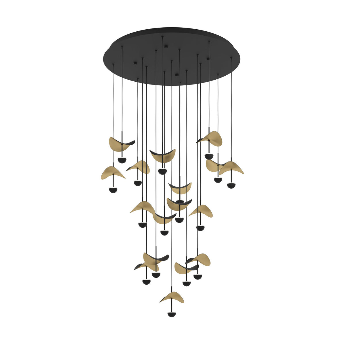 Dracera 17-light pendant in black with round steel canopy, staggered cords, and curved leaf-shaped shades in gold and black, shown on a white background.