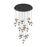 Dracera 17-light pendant in black with round steel canopy, staggered cords, and curved leaf-shaped shades in gold and black, shown on a white background.