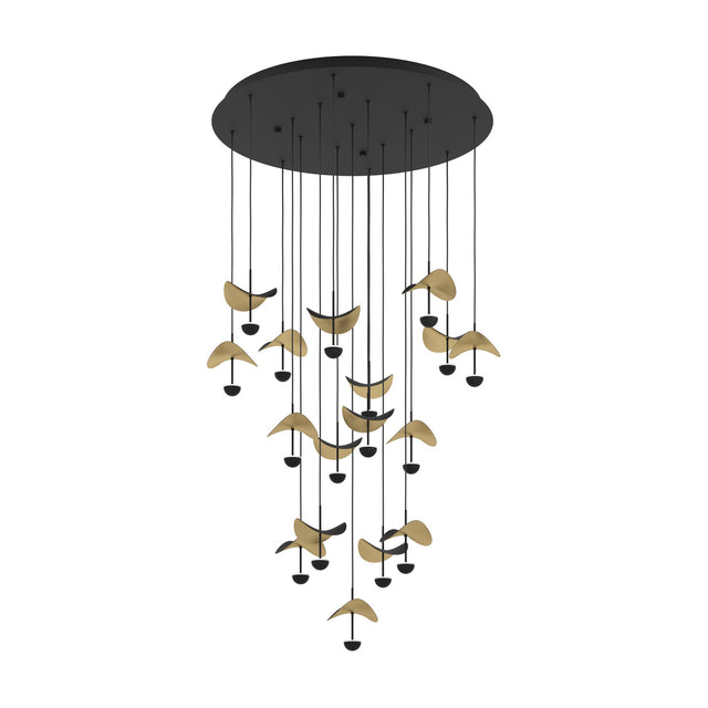 Dracera 17-light pendant in black with round steel canopy, staggered cords, and curved leaf-shaped shades in gold and black, shown on a white background.
