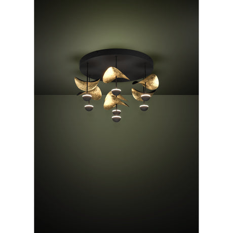 Dracera 7 Light Ceiling Light in black, featuring a round canopy with staggered rods, integrated LED dome heads, and curved gold-topped steel shades, shown illuminated against a dark ceiling.