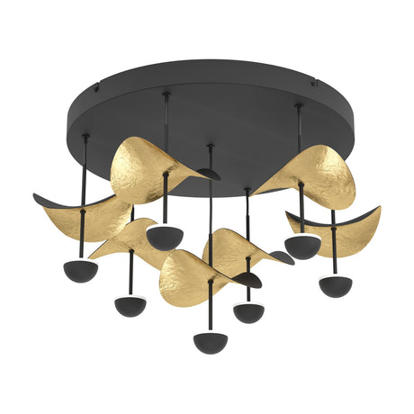 Dracera 7-light black ceiling fixture with slim rods, curved wave-shaped crinkled gold shades with black undersides, shown on a white background.
